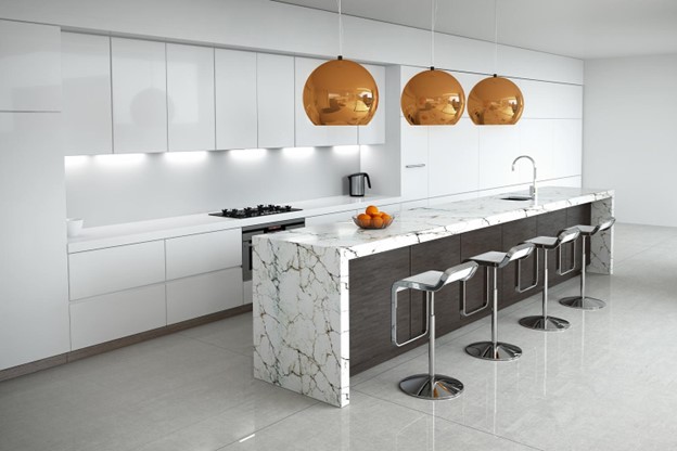 kitchen island with white marbles.